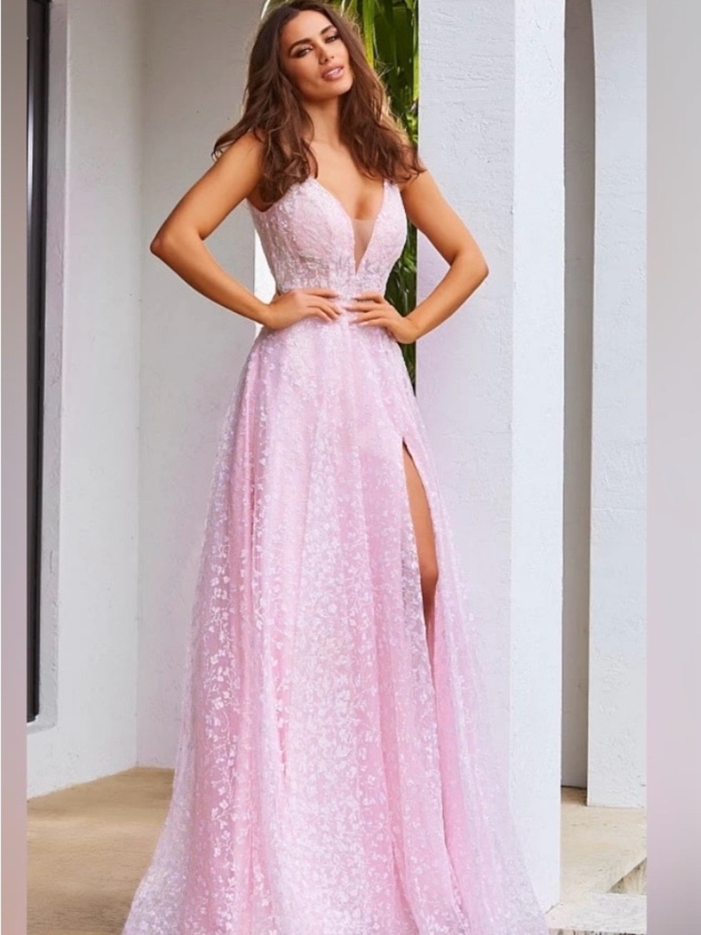 Jovani 08421 Blush Pink V-Neck Sequin Evening Gown